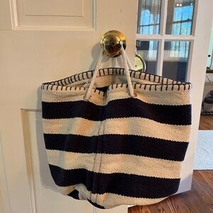 Striped Knit Rope-Handle beach tote in Navy and Cream.